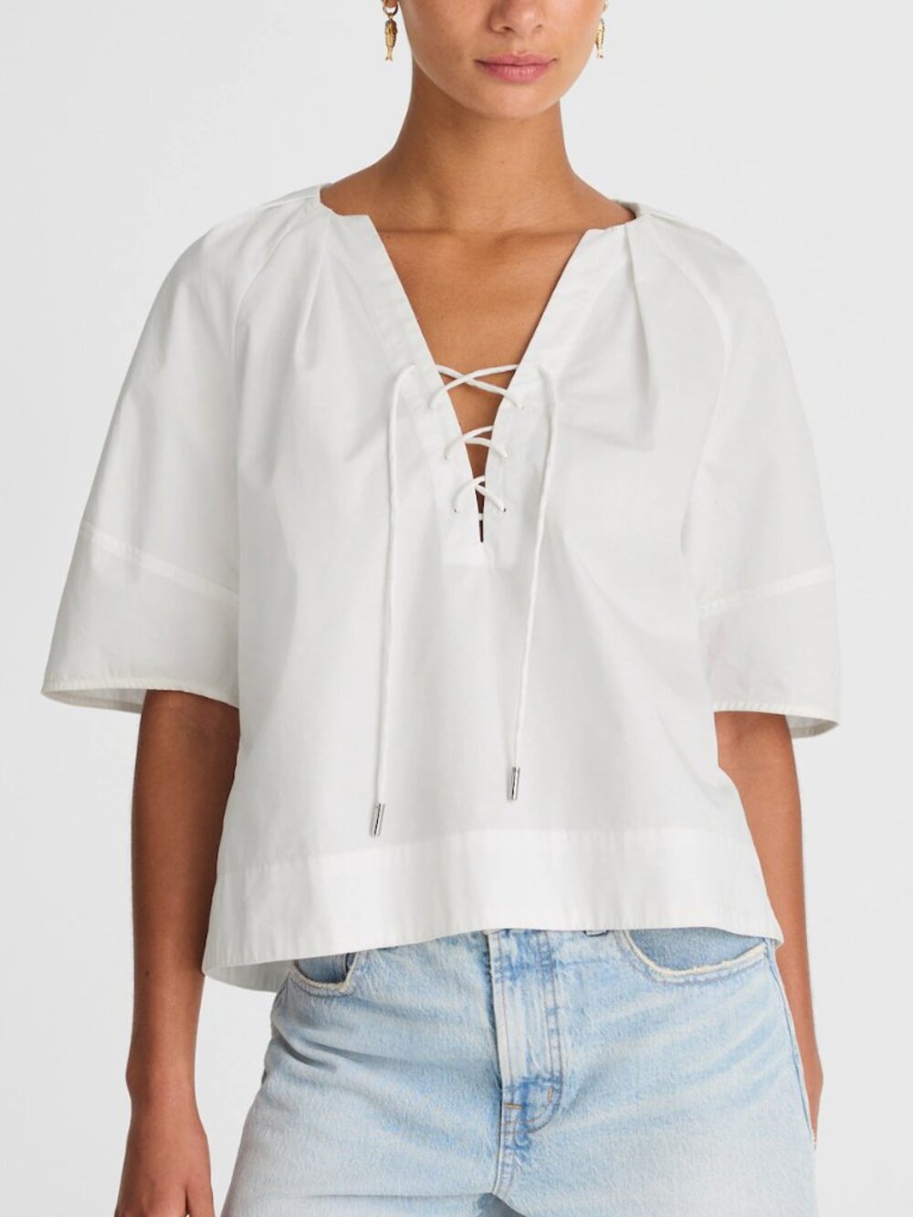 Madewell Cotton Poplin Lace-Up Neckline Balloon Sleeves Top White Size S